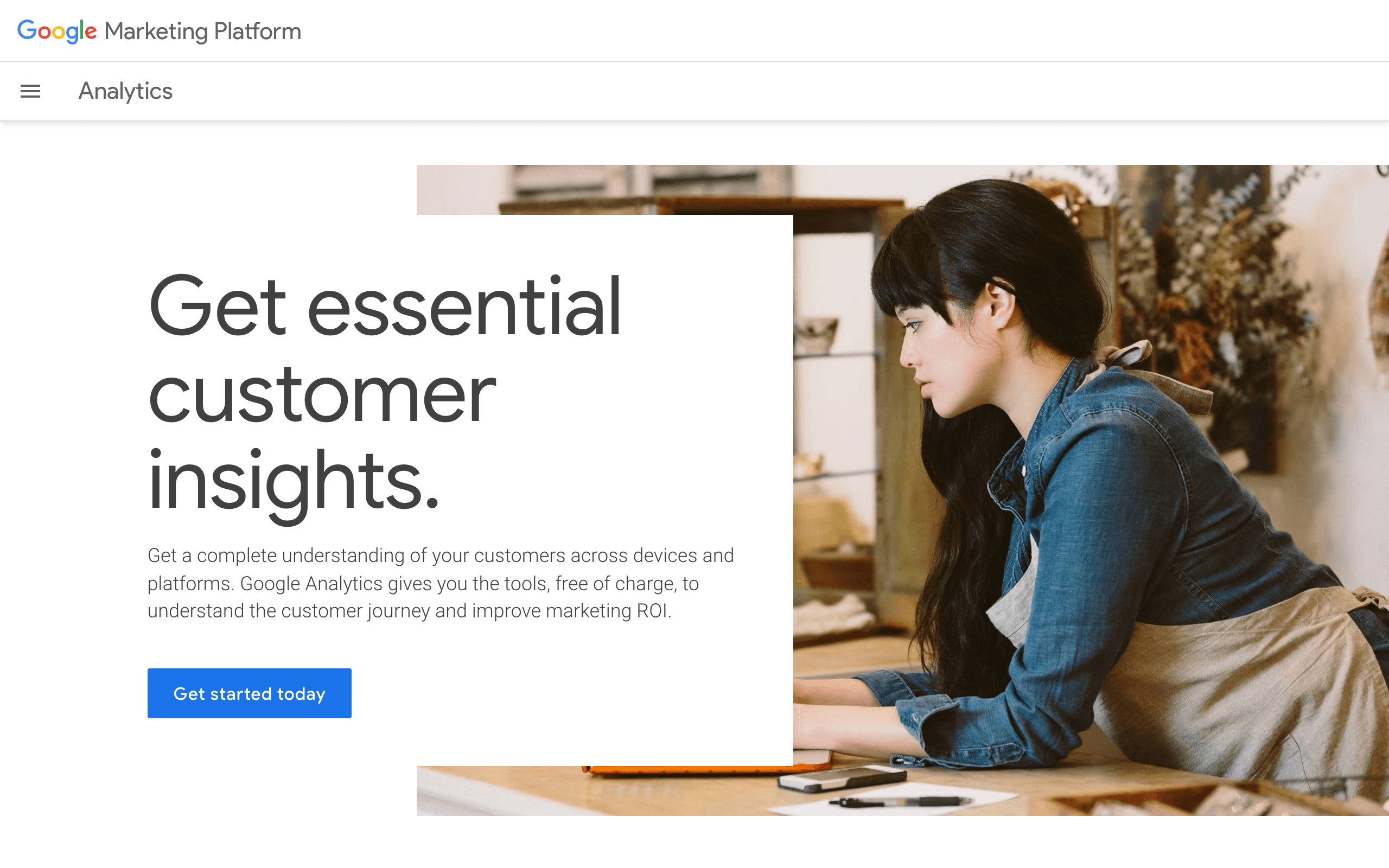 Google Analytics marketing page: essential customer insights free of charge