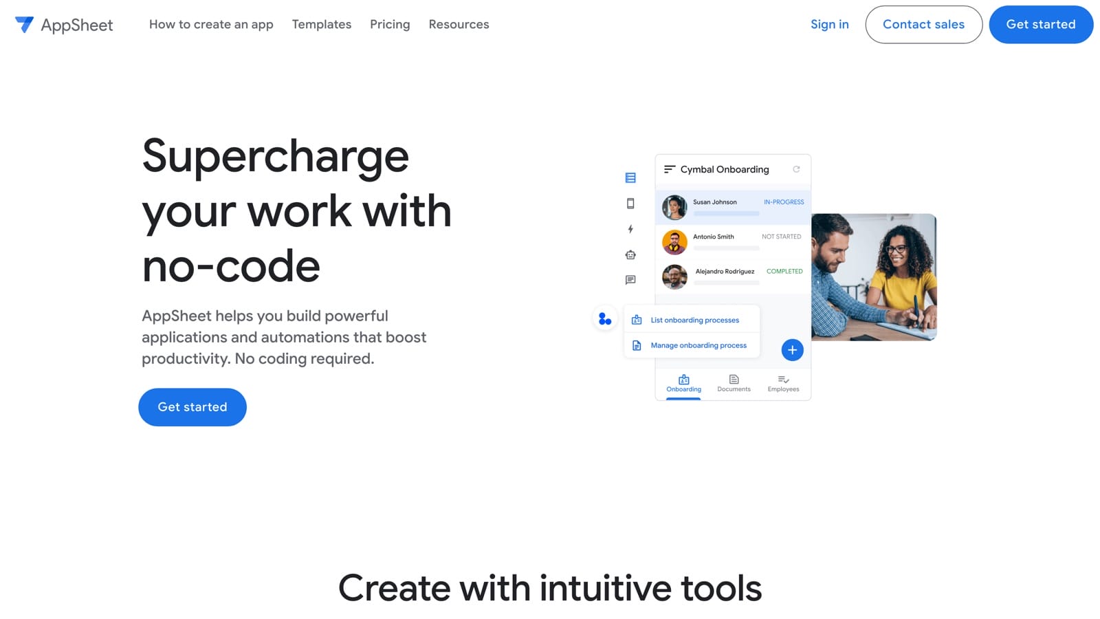 Google AppSheet home page showing an onboarding app built from a spreadsheet