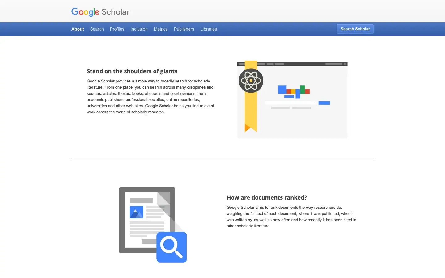 Google Scholar homepage for searching scholarly articles, theses, books, and research papers