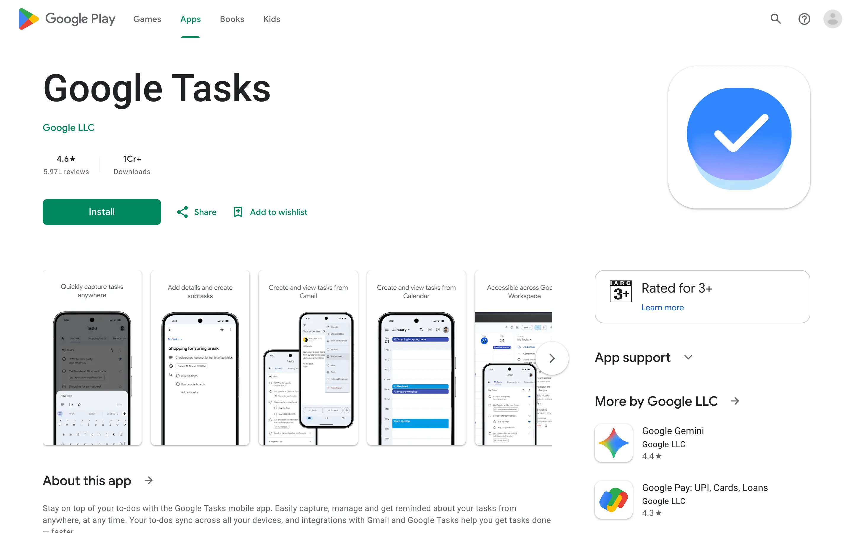 Google Tasks app integrating a simple task list with Gmail and Google Calendar