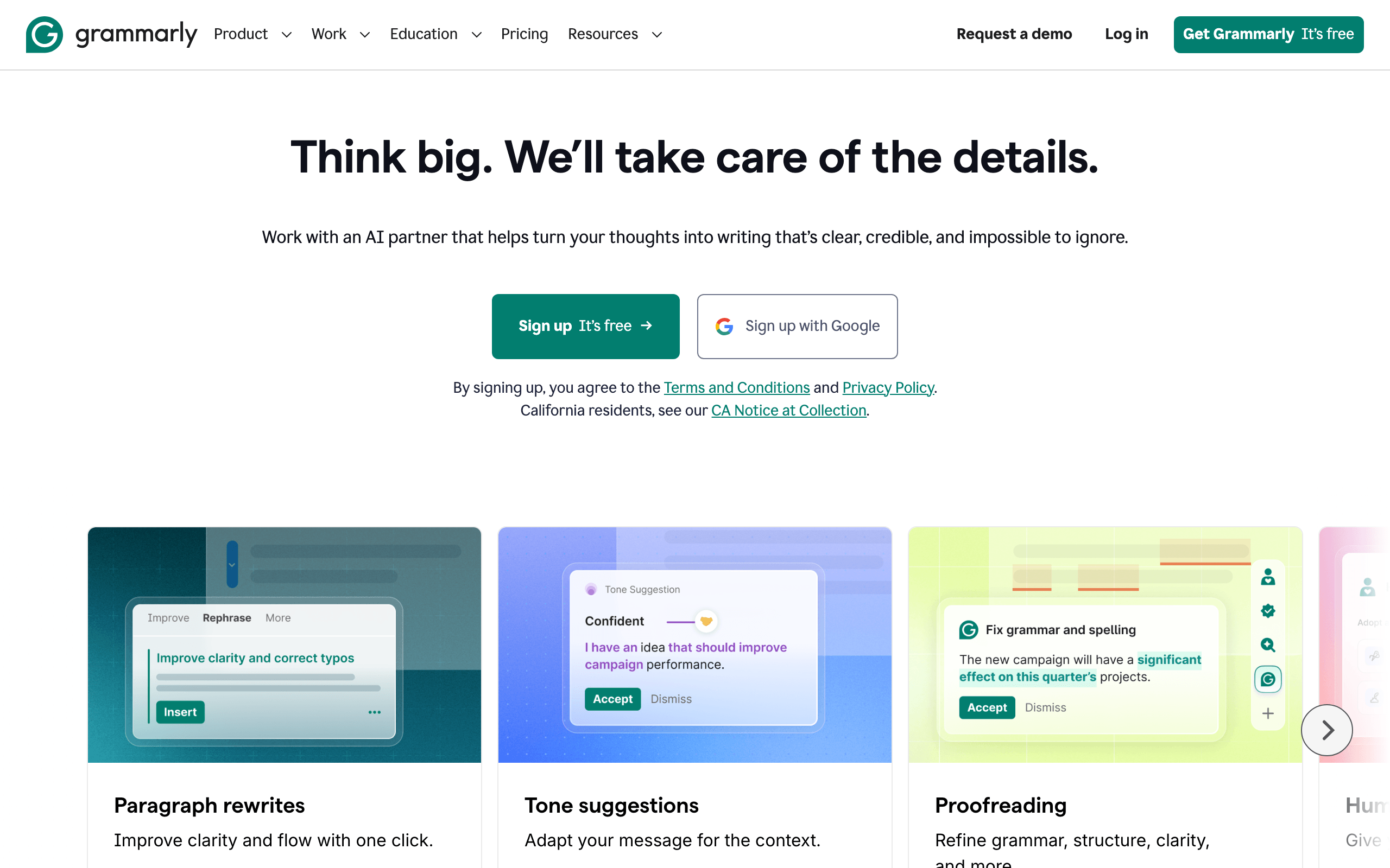Grammarly homepage with paragraph rewrites, tone suggestions and proofreading
