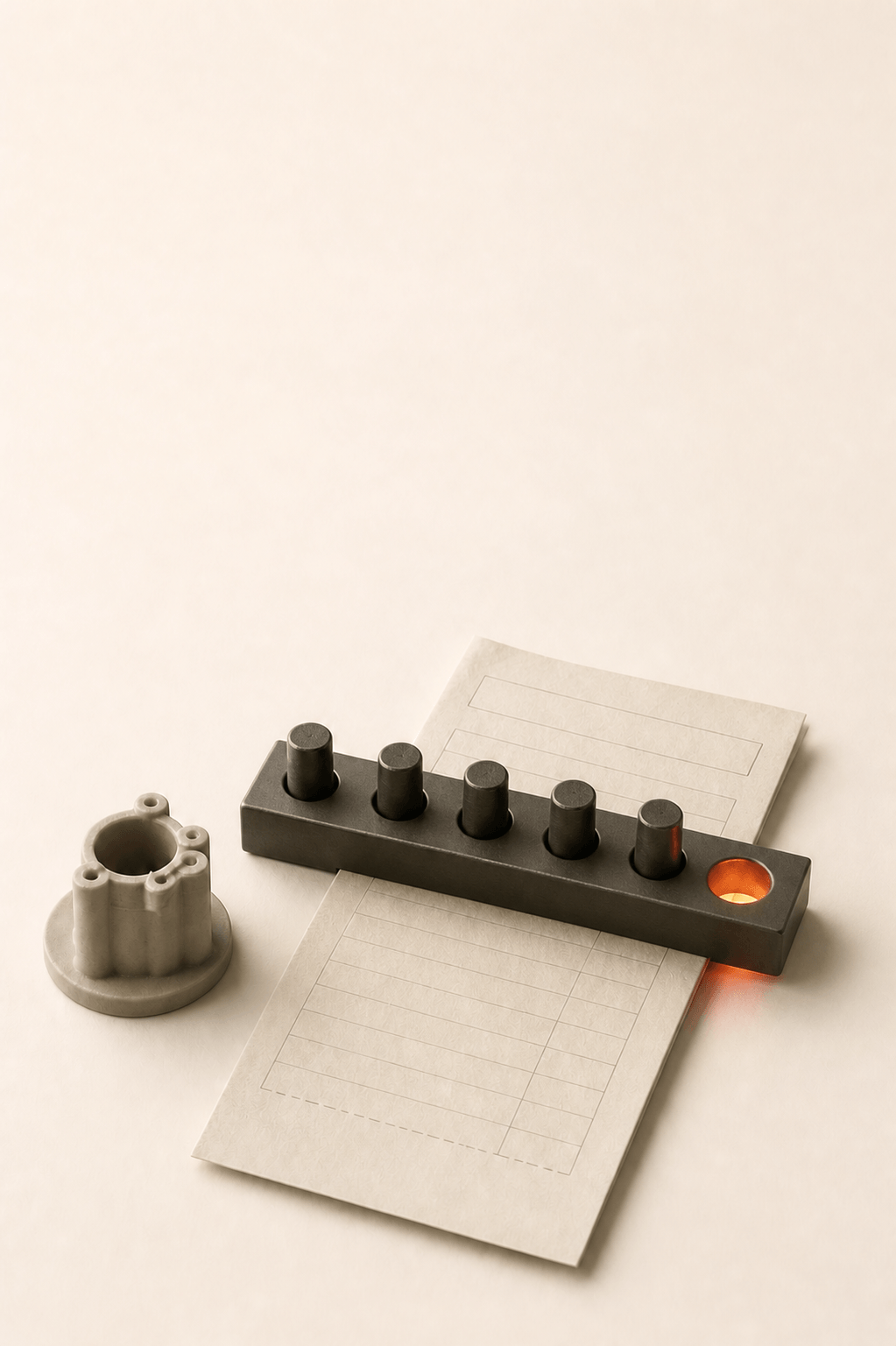 A glowing three-dimensional decision object balancing evidence, risk, and a business idea
