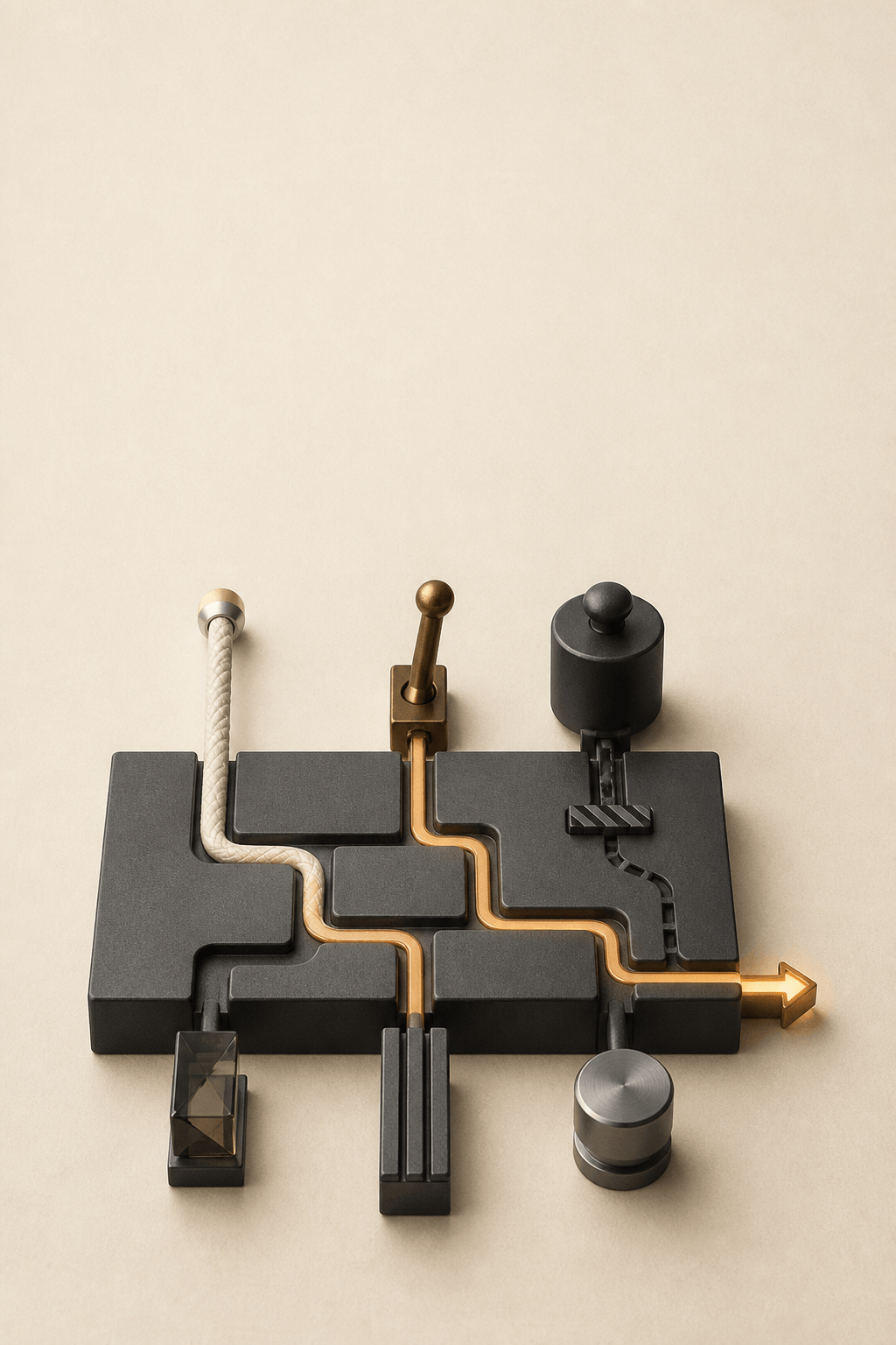 A glowing three-dimensional portfolio of diplomatic, economic, technological, informational, and military instruments