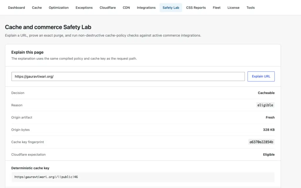 GT Performance Explain This Page screen showing the cache decision and Cloudflare expectation for a URL