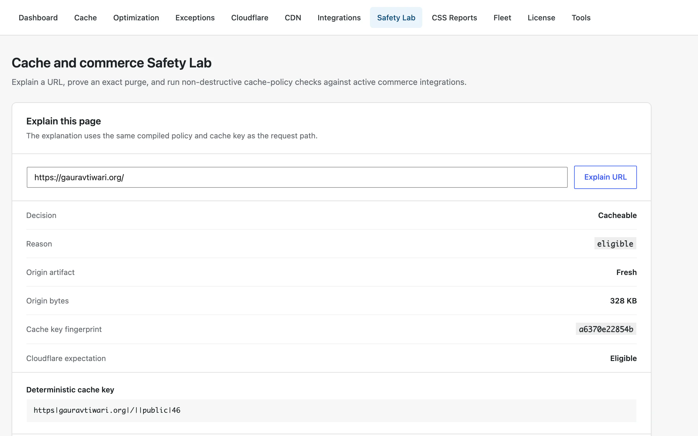 Explain This Page showing the cache decision, reason code, origin artifact freshness, cache key fingerprint, and Cloudflare expectation for a URL