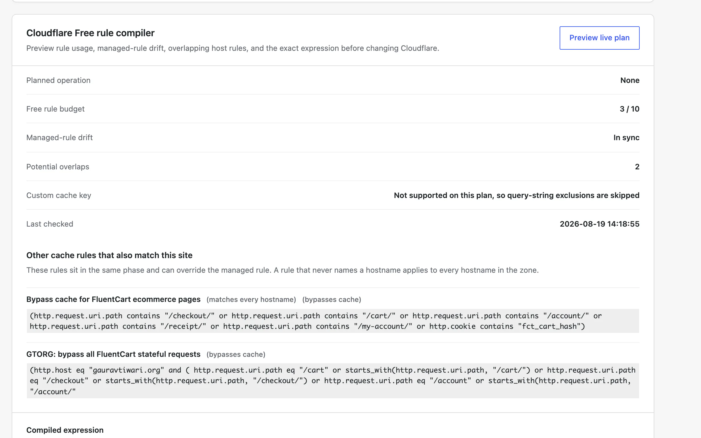 Cloudflare Free rule compiler showing rule budget use, managed-rule drift status, overlapping cache rules, and their exact expressions