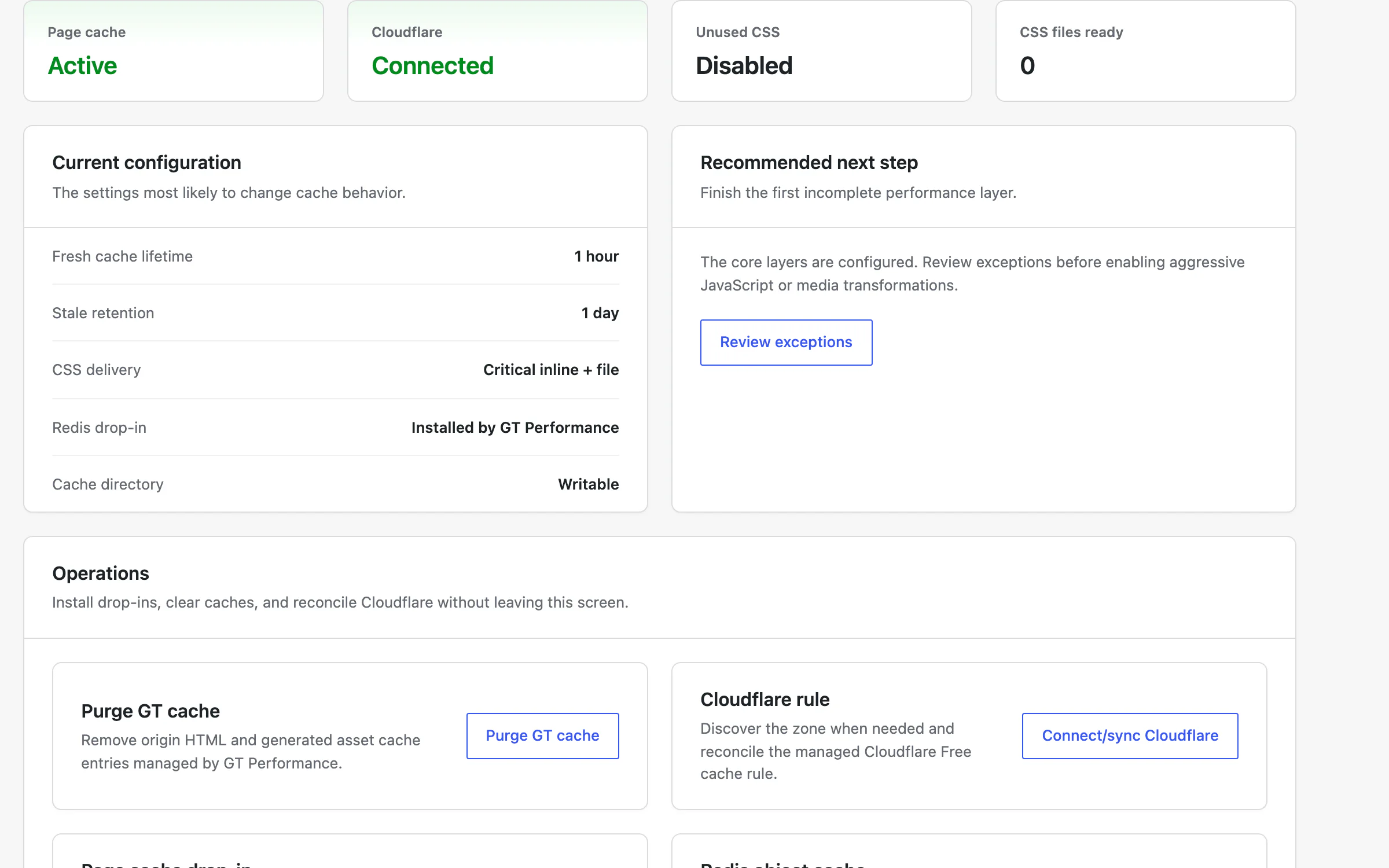 GT Performance dashboard with page cache active, Cloudflare connected, current configuration, and one-click purge, Cloudflare sync, and drop-in installers