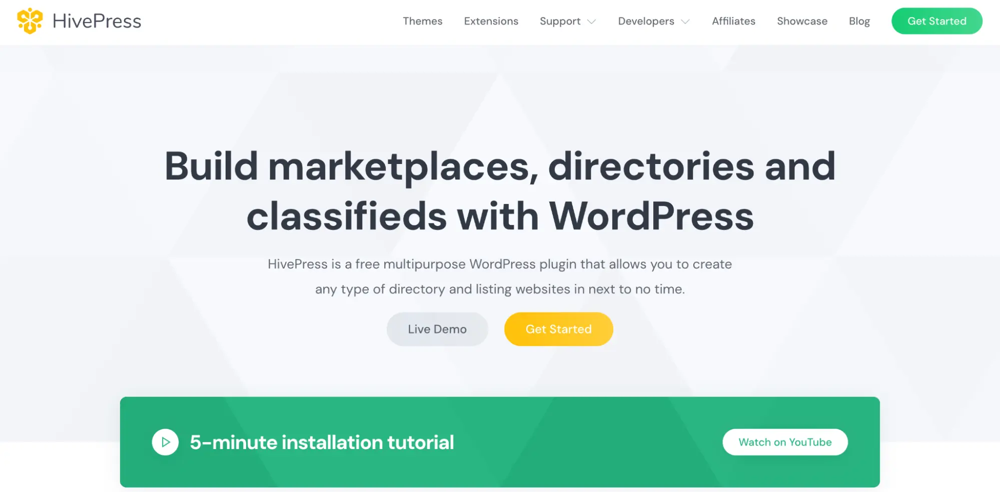 HivePress homepage for building marketplaces, directories, and classifieds with WordPress