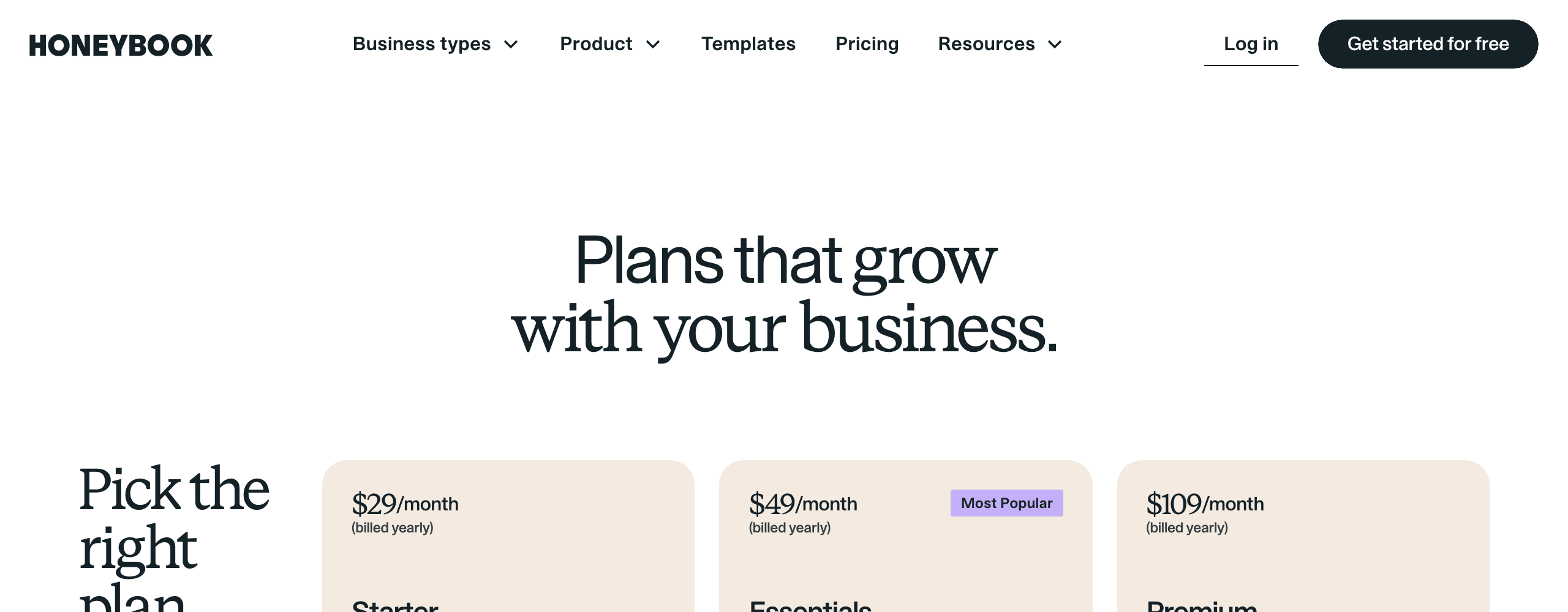 HoneyBook pricing showing Starter at $29, Essentials at $49, and Premium at $109 per month with annual billing.