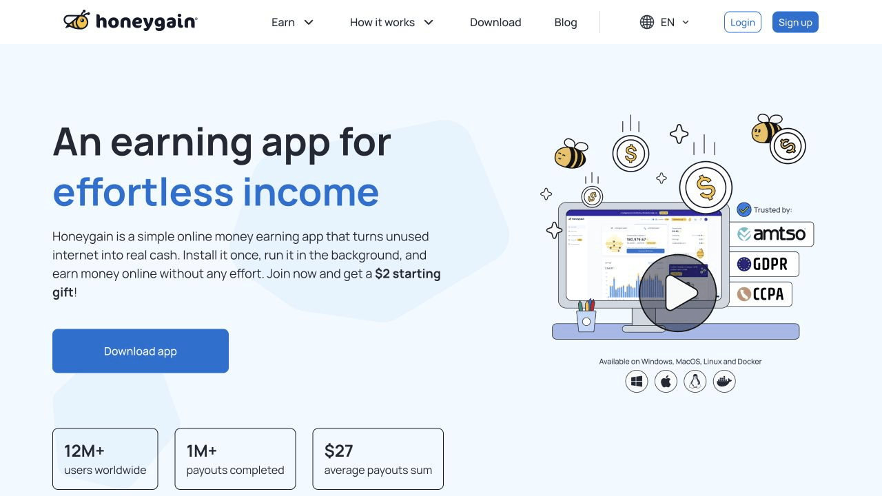 Honeygain homepage showing its background earning app, supported platforms, and payout statistics