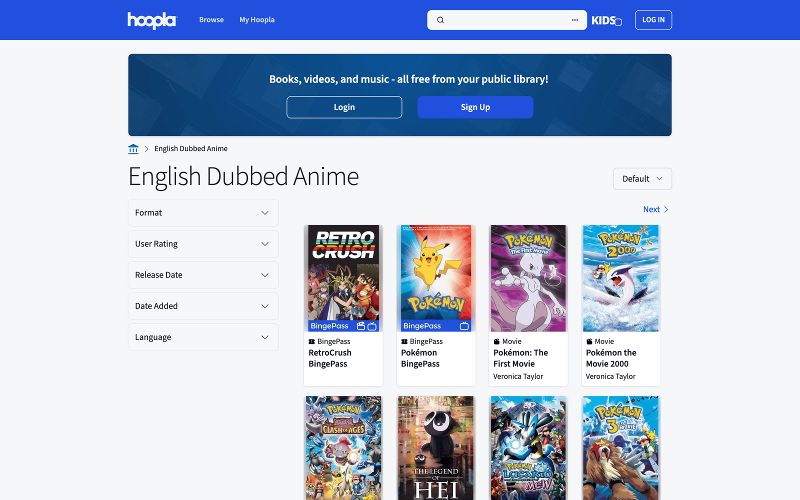 Hoopla English Dubbed Anime collection with library BingePasses, movies, and television titles