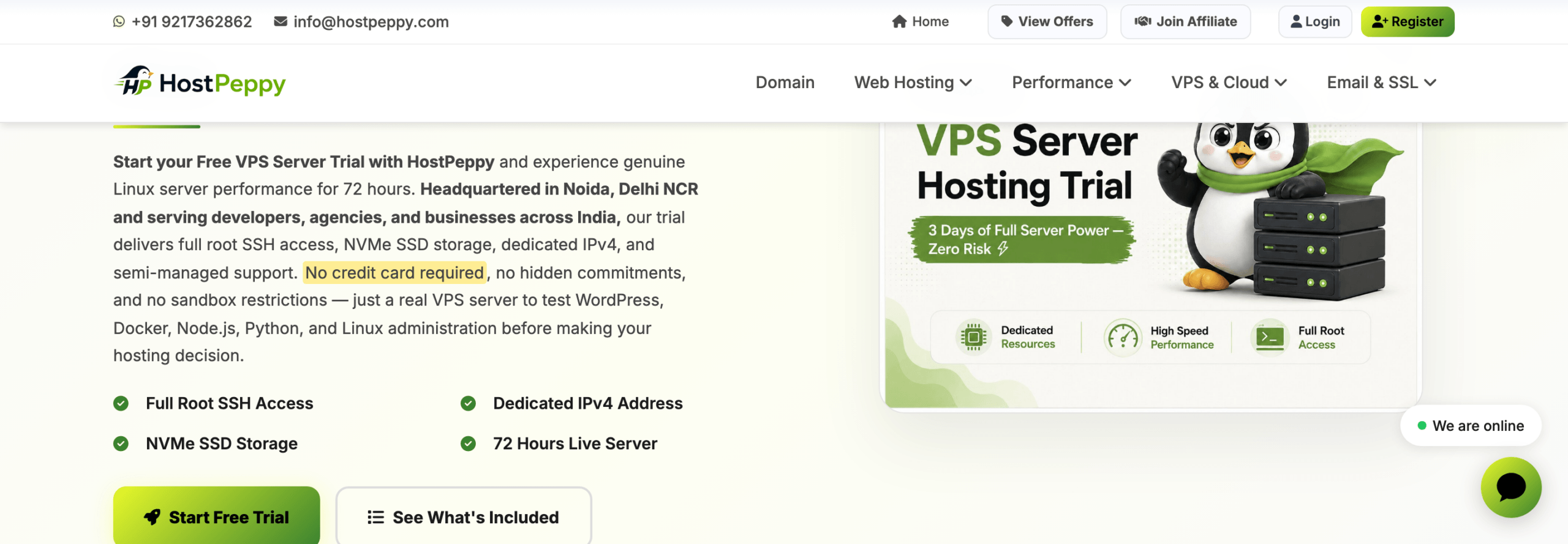 HostPeppy VPS trial page showing 72 hours of server access without a credit card