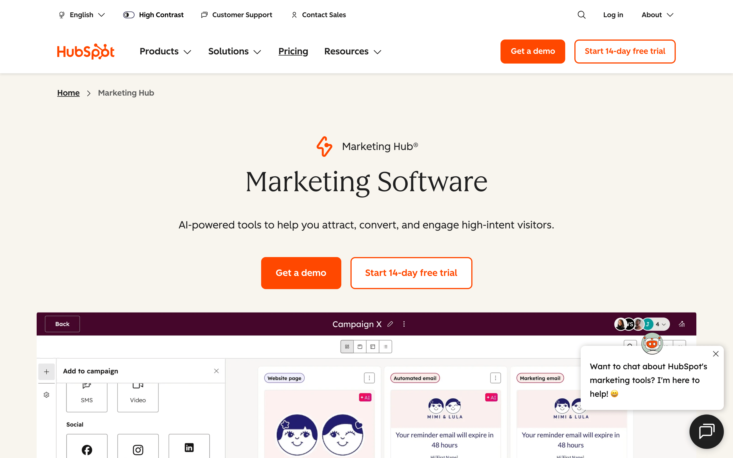 HubSpot Marketing Hub page: AI-powered marketing software with campaign view