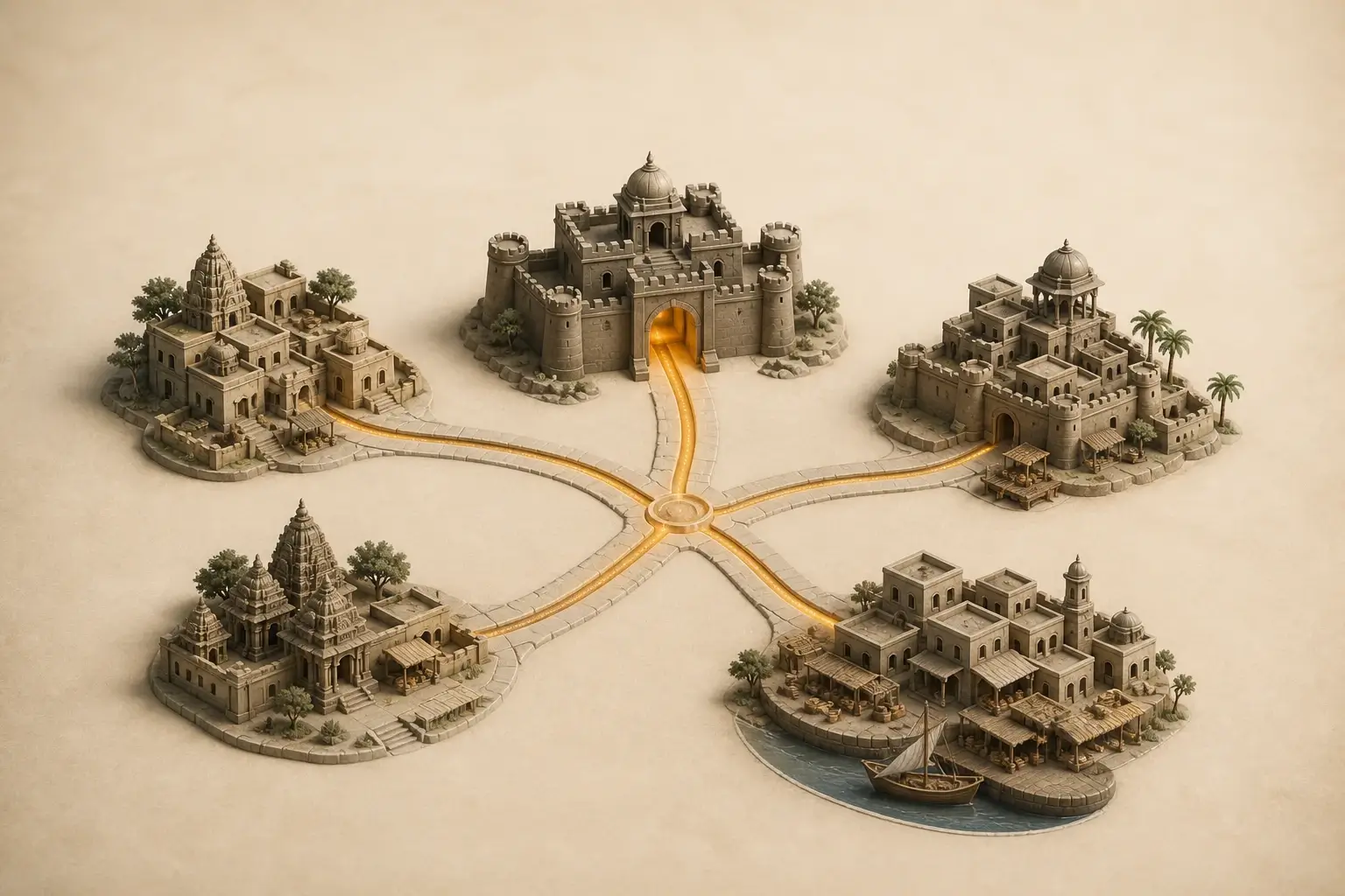 Minimal editorial illustration of regional settlements connected by trade and political routes across medieval India