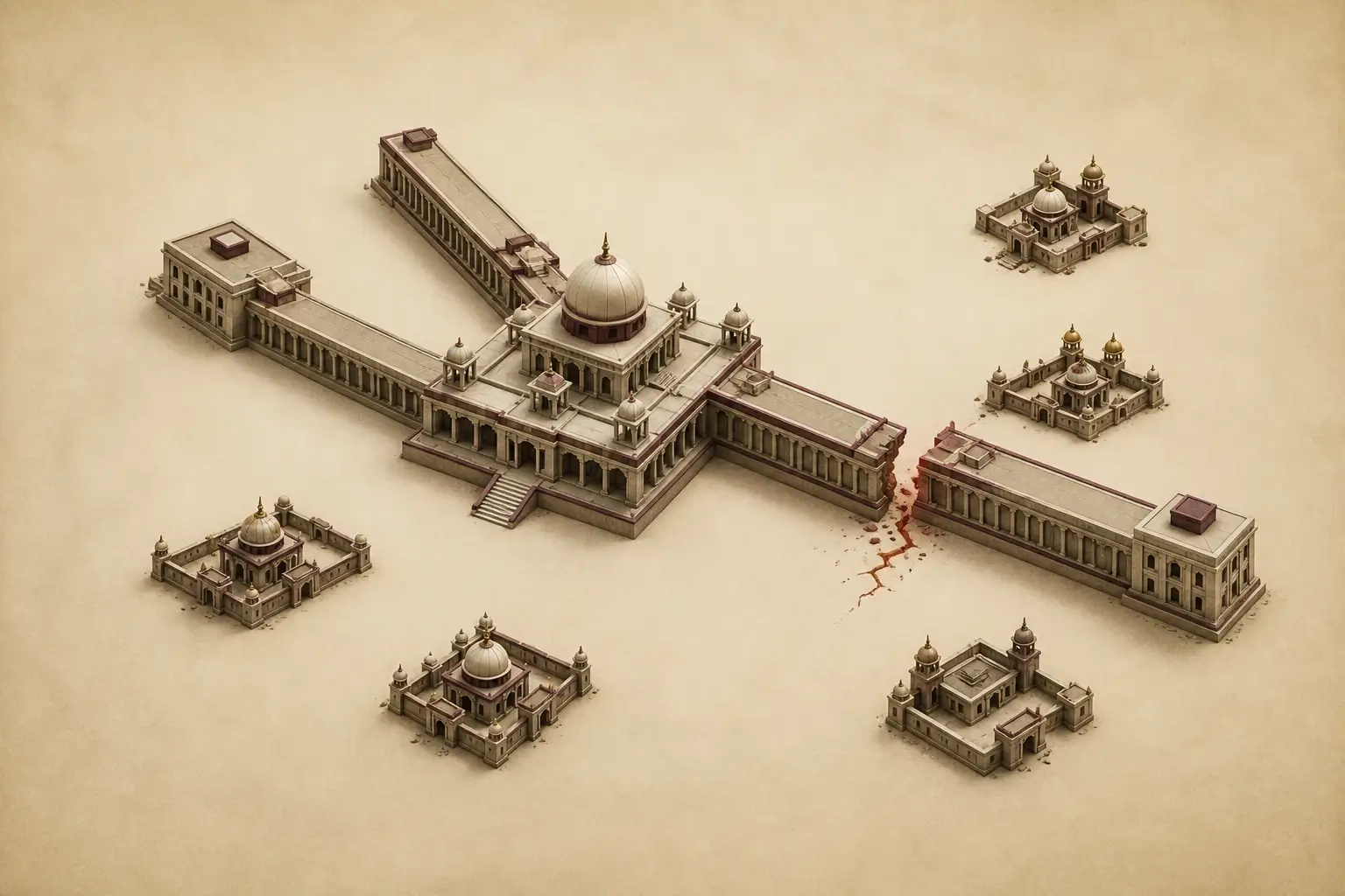 Minimal editorial illustration of a Mughal imperial center connected to Deccan and regional powers under strain