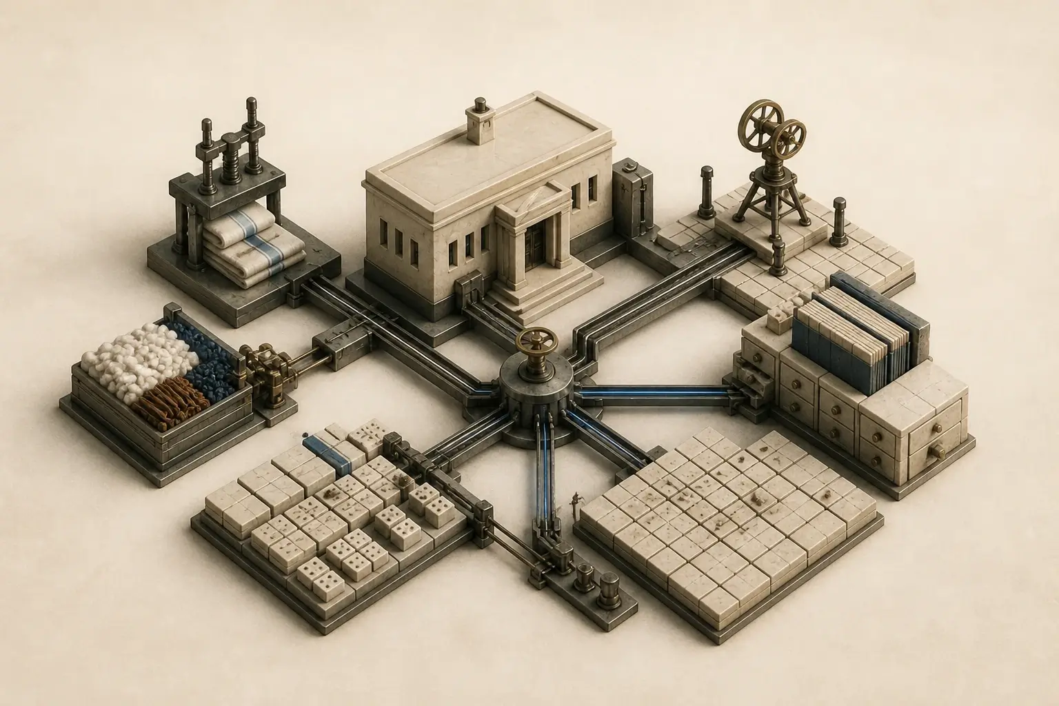 Minimal editorial illustration of a colonial administrative system joining trade, surveys, ledgers, textiles, and land