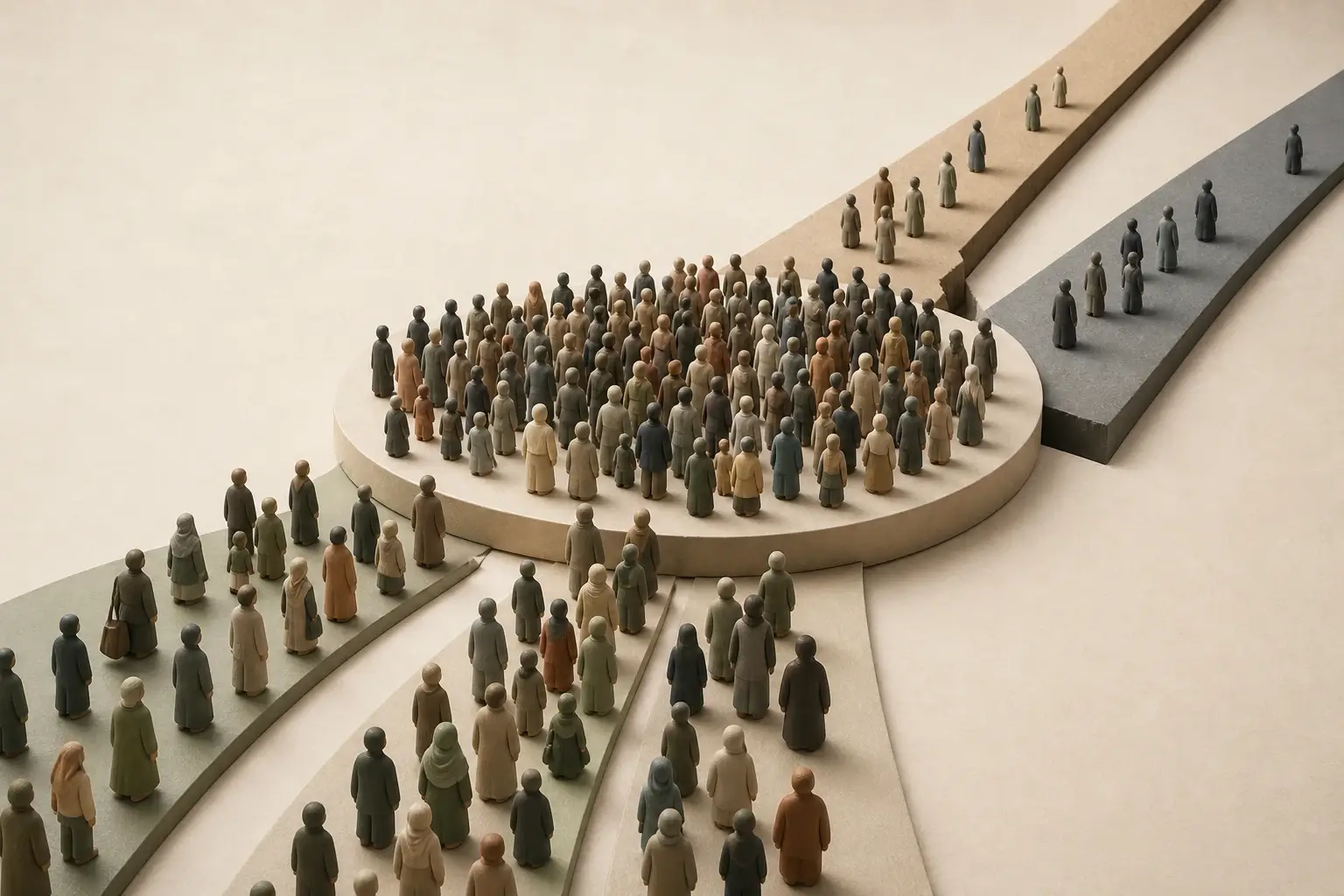 Minimal editorial illustration of a mass civic movement converging on a platform before dividing into competing political futures