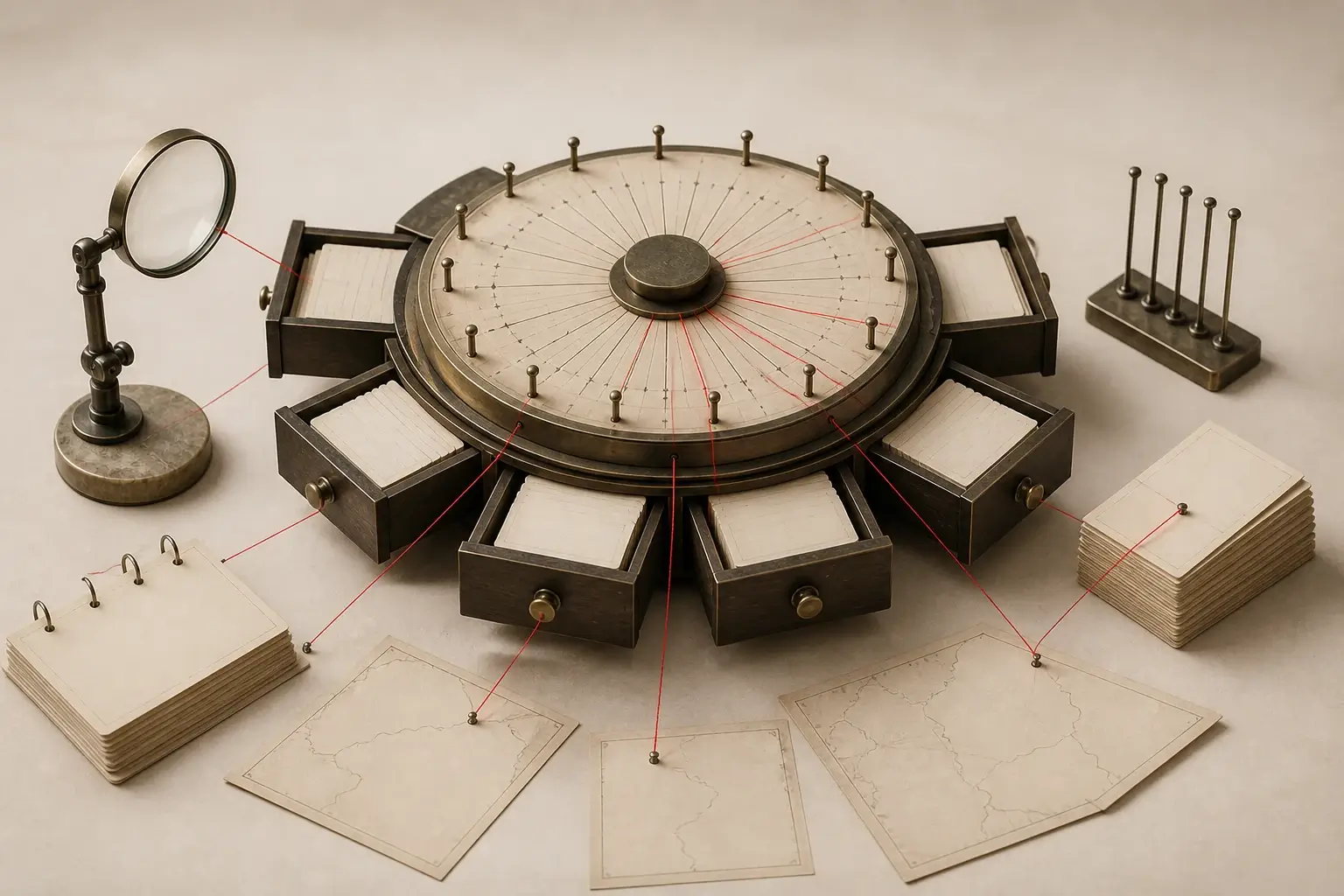Minimal editorial illustration of an archival retrieval dial surrounded by chronology, maps, acts, movements, historians, and question cards
