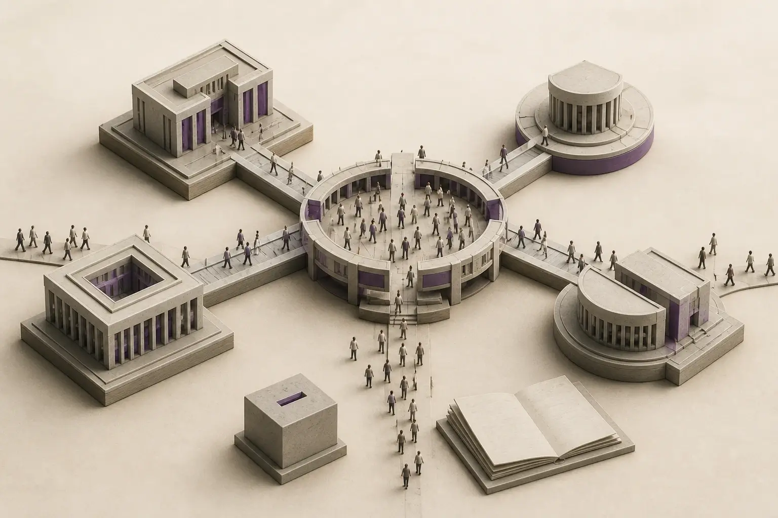 Minimal editorial illustration of a civic forum connected to elections, courts, administration, federal units, and citizens