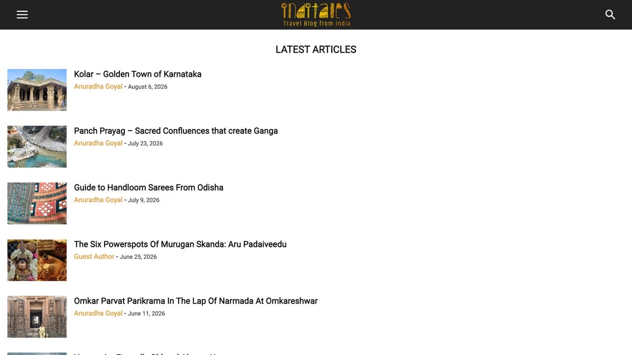 IndiTales homepage listing dated travel articles by Anuradha Goyal into August 2026.