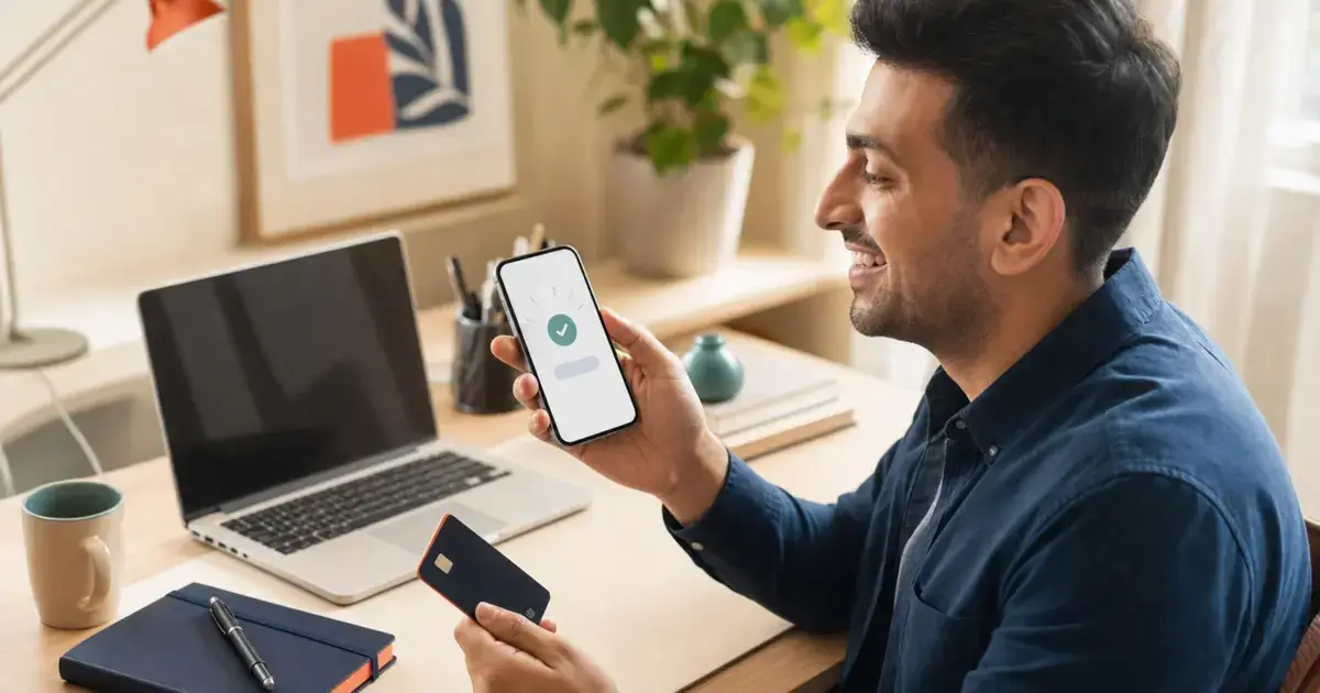 Person confirming an instant payout on a smartphone at a home office