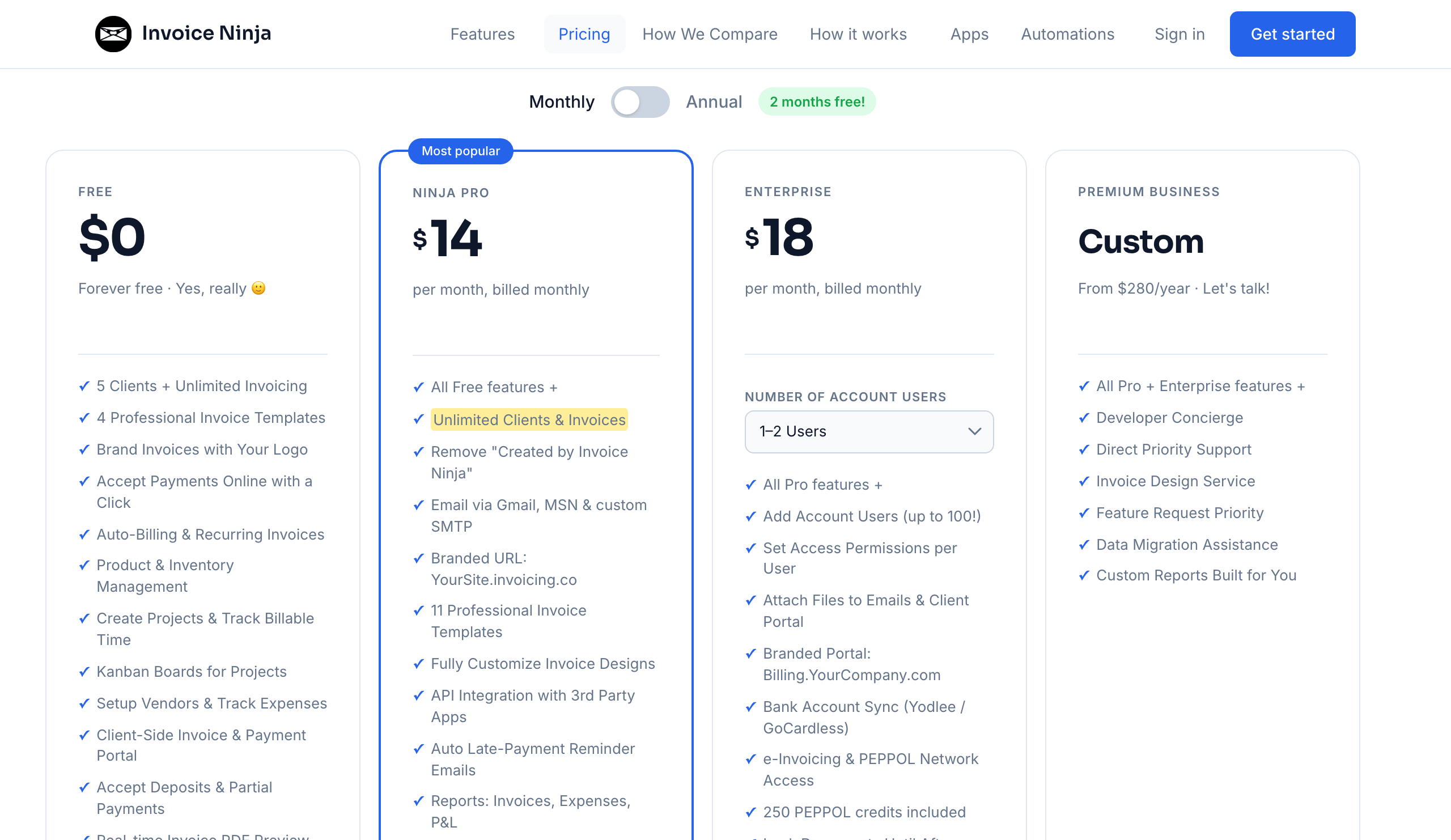 Invoice Ninja pricing showing Free at $0, Ninja Pro at $14 per month, and Enterprise starting at $18 per month.