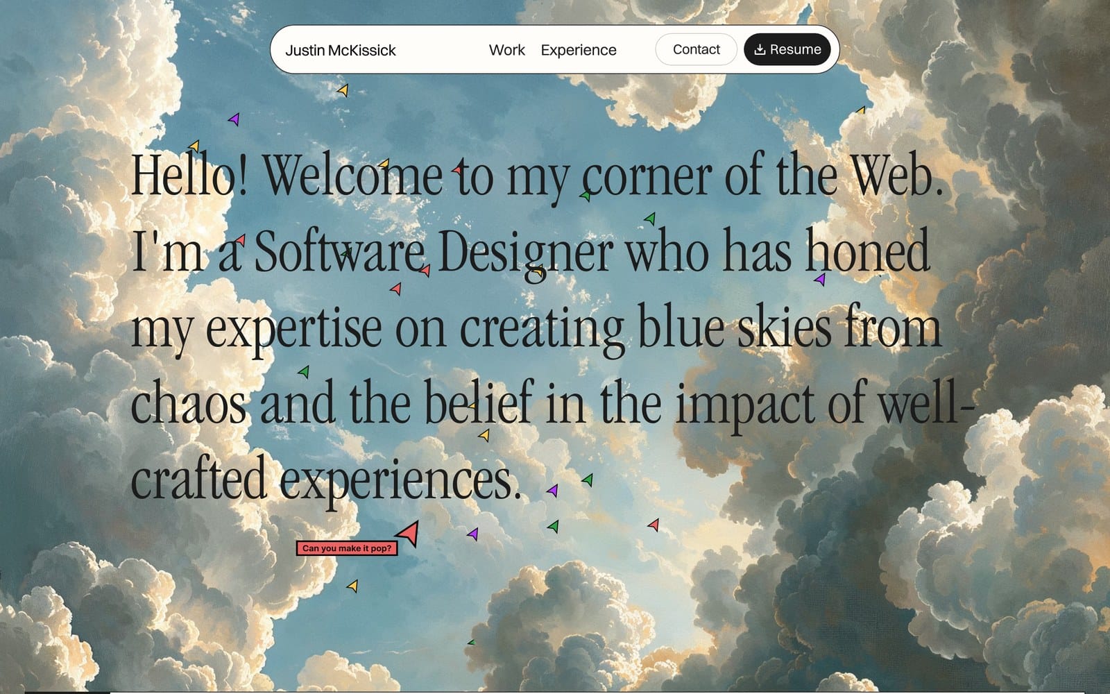 Justin McKissick portfolio homepage with a software designer introduction and Work, Experience, Contact, and Resume navigation