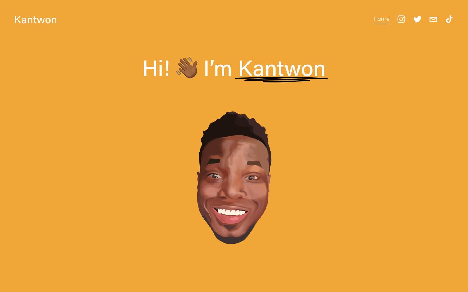 Kantwon Rogers portfolio homepage with a large illustrated avatar and an informal introduction to an AI and robotics researcher