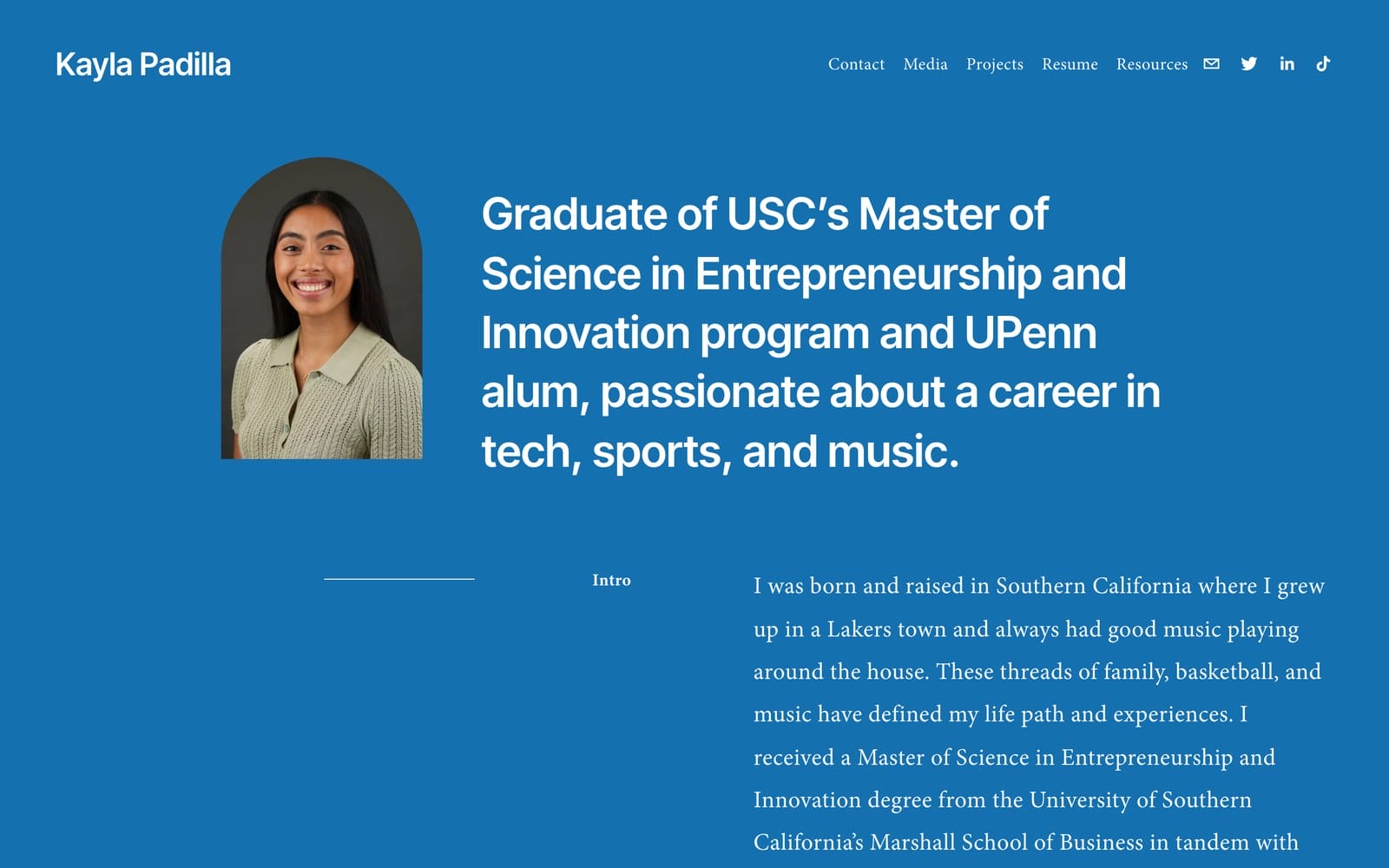 Kayla Padilla portfolio homepage with navigation for projects, media, resume, and a resources section covering internships