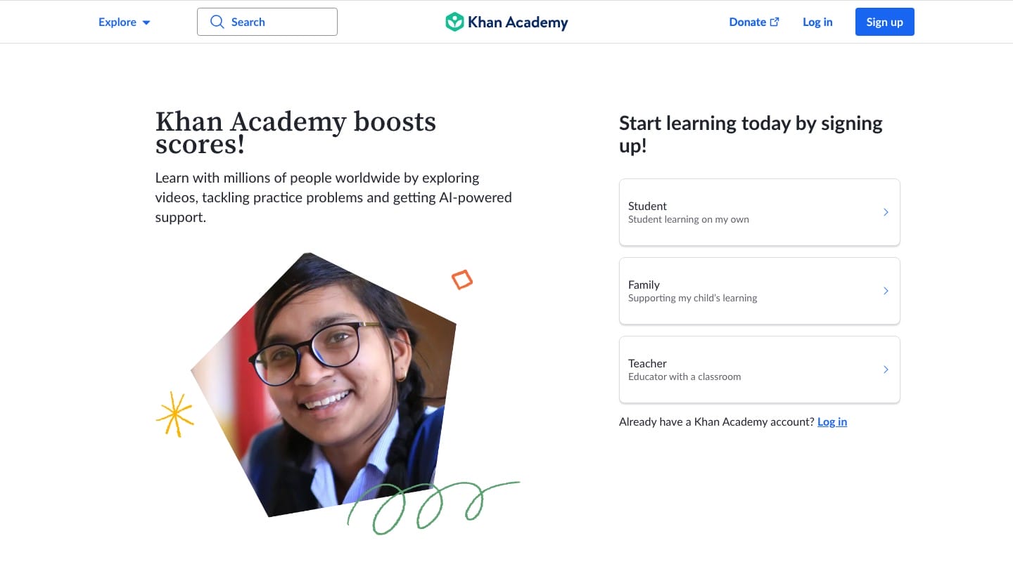 Khan Academy homepage for free lessons, practice, and college prerequisite review