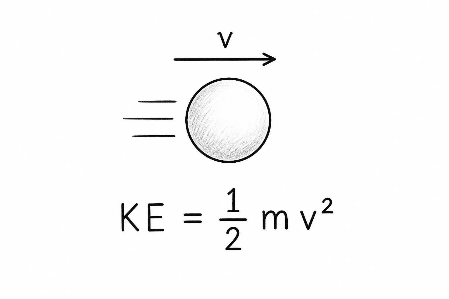 A ball moving right with velocity v beside the equation KE equals one half m v squared