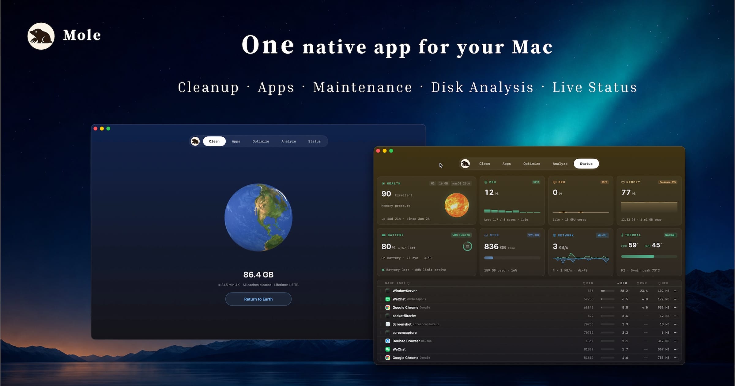Mole for Mac GUI showing cleanup, disk analysis, and live system status