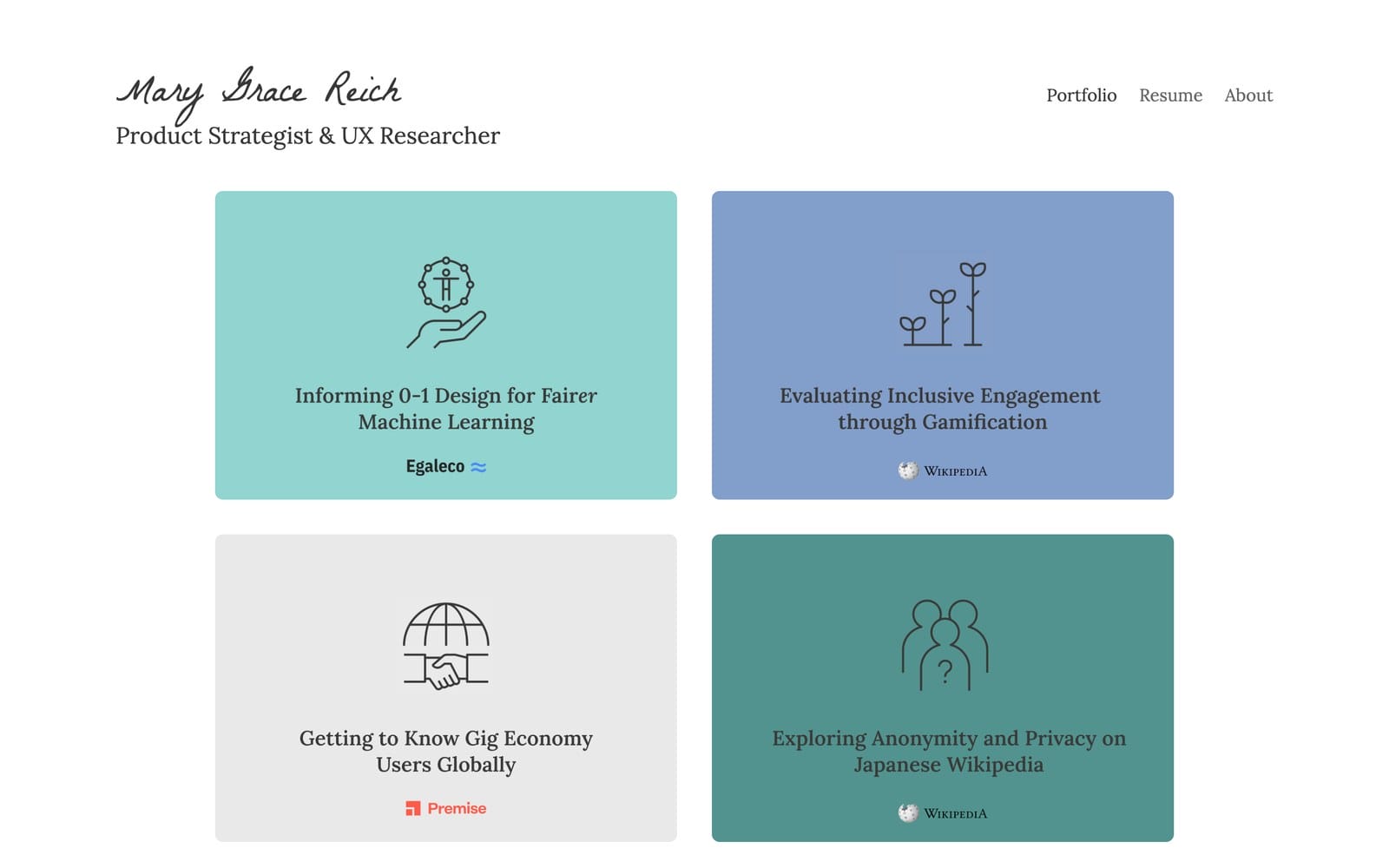 Mary Grace Reich UX research portfolio homepage with four project cards, each titled by the research question and marked with the client organization