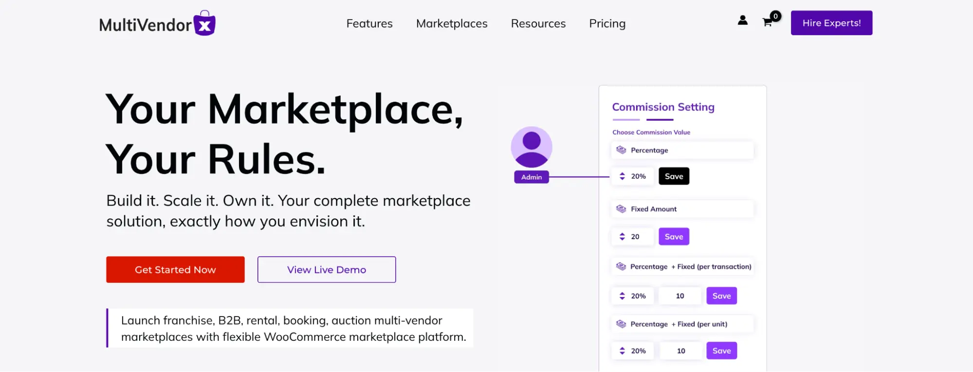 MultiVendorX marketplace plugin homepage showing flexible commission settings for WooCommerce