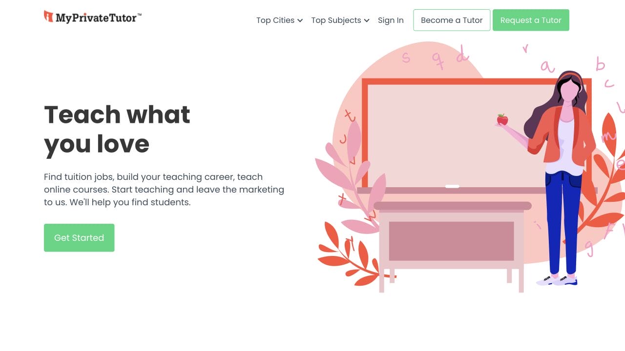 MyPrivateTutor tutor signup page with the Teach what you love message