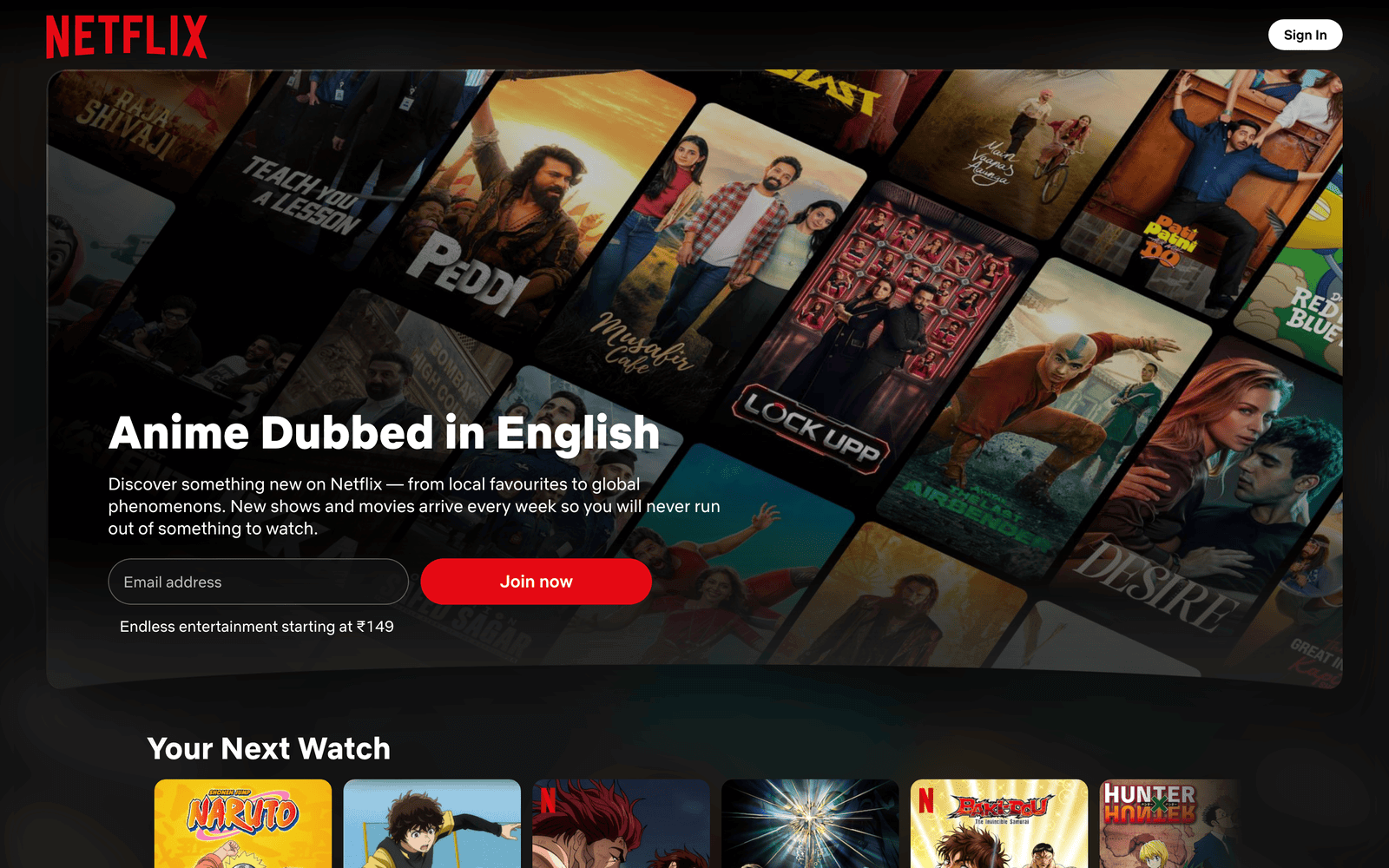 Netflix Anime Dubbed in English category page with a row of available series