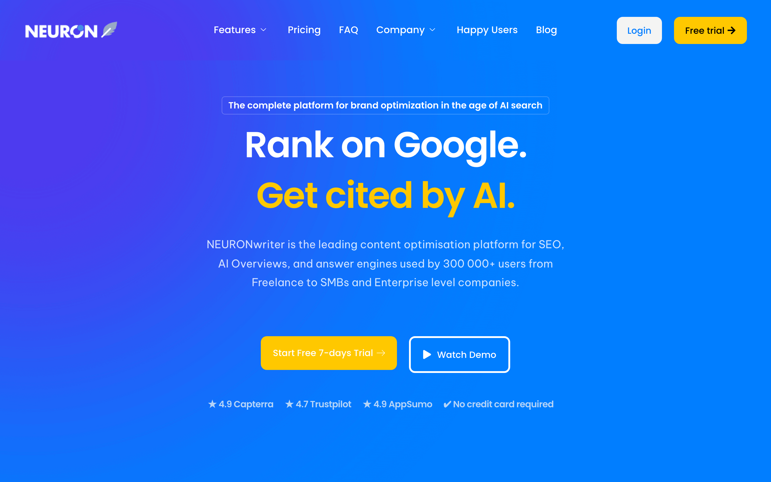 NeuronWriter homepage: rank on Google, get cited by AI