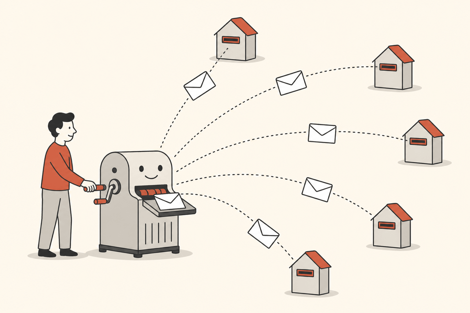 A figure cranks a dispatch machine sending identical envelopes along dotted arcs to a row of mailboxes