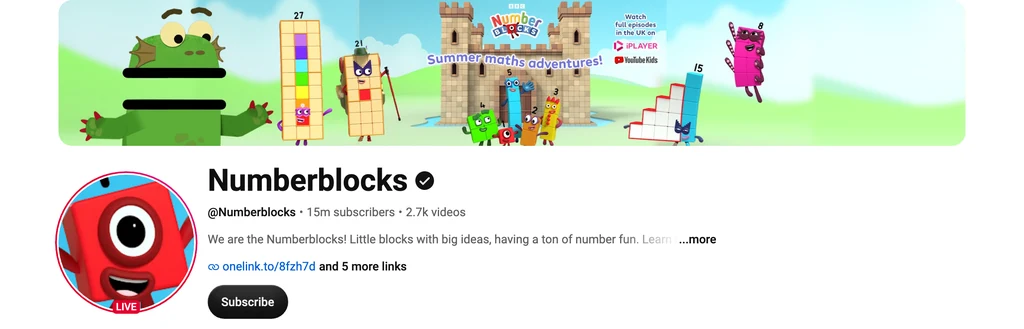 The Numberblocks YouTube channel page, showing the BBC Numberblocks banner and the channel's counting and early-maths description.