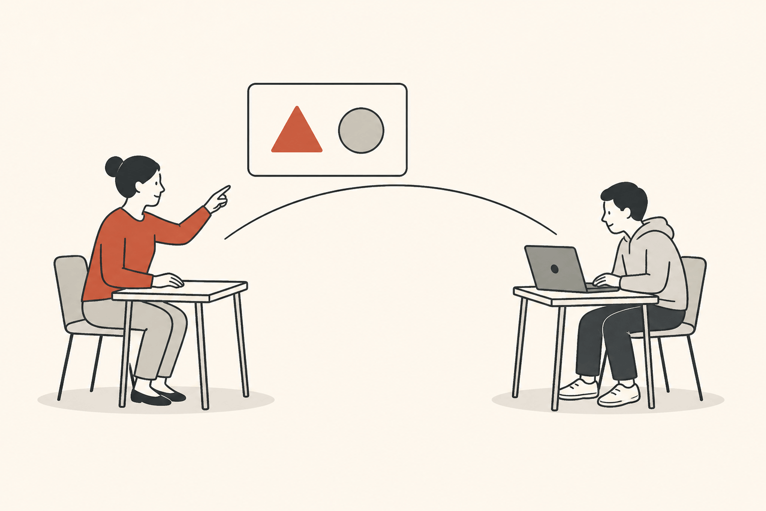 A tutor at one desk teaches shapes on a floating board to a student at a facing desk, connected by an arc