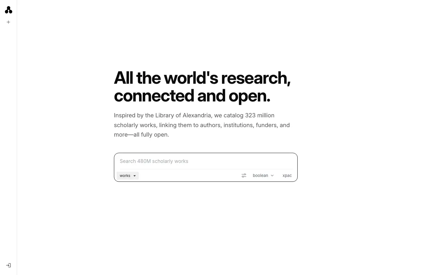OpenAlex homepage showing its open catalog of scholarly works, authors, and institutions