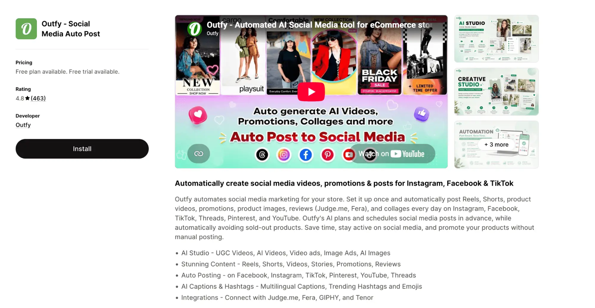 Outfy Social Media Auto Post listing on the Shopify App Store with a 4.8 star rating from 463 reviews
