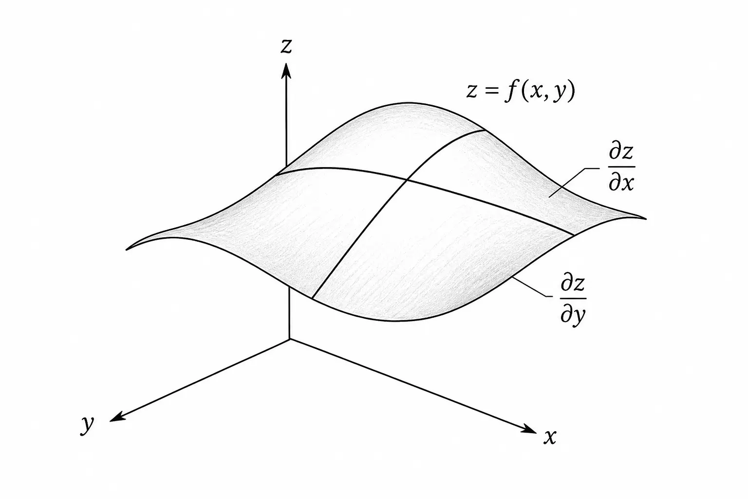 A curved surface z equals f of x and y above x, y and z axes, with slices labeled partial z by partial x and partial z by partial y