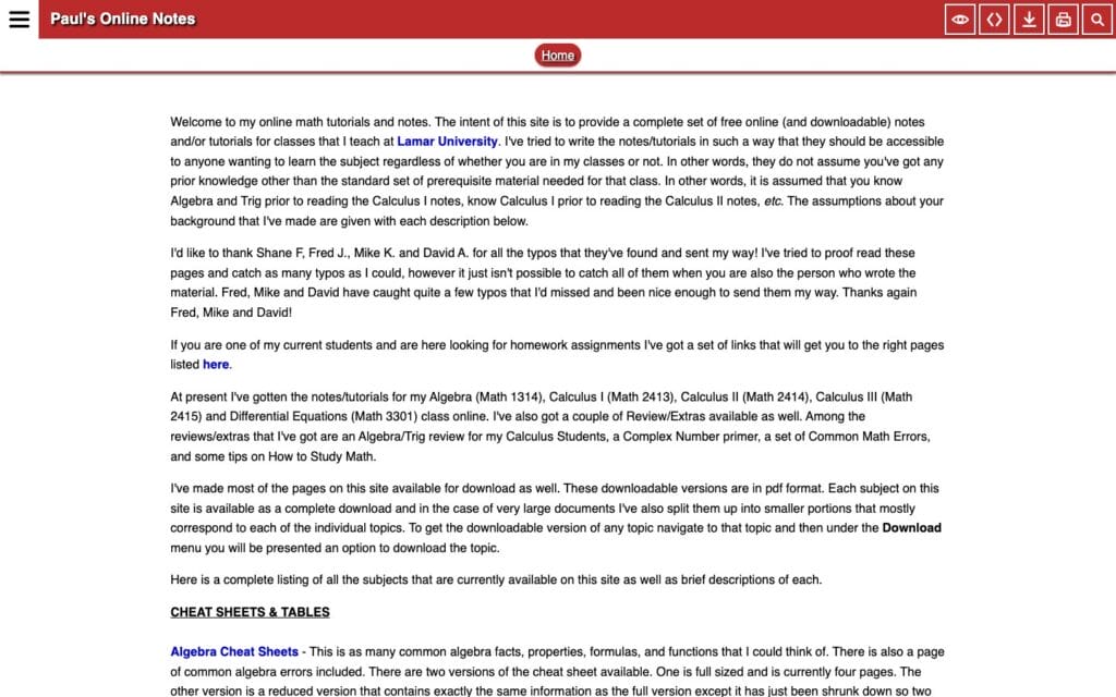 Paul's Online Math Notes homepage for algebra, calculus, and differential equations