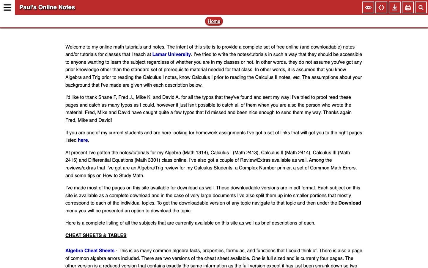 Paul's Online Math Notes homepage for algebra, calculus, and differential equations