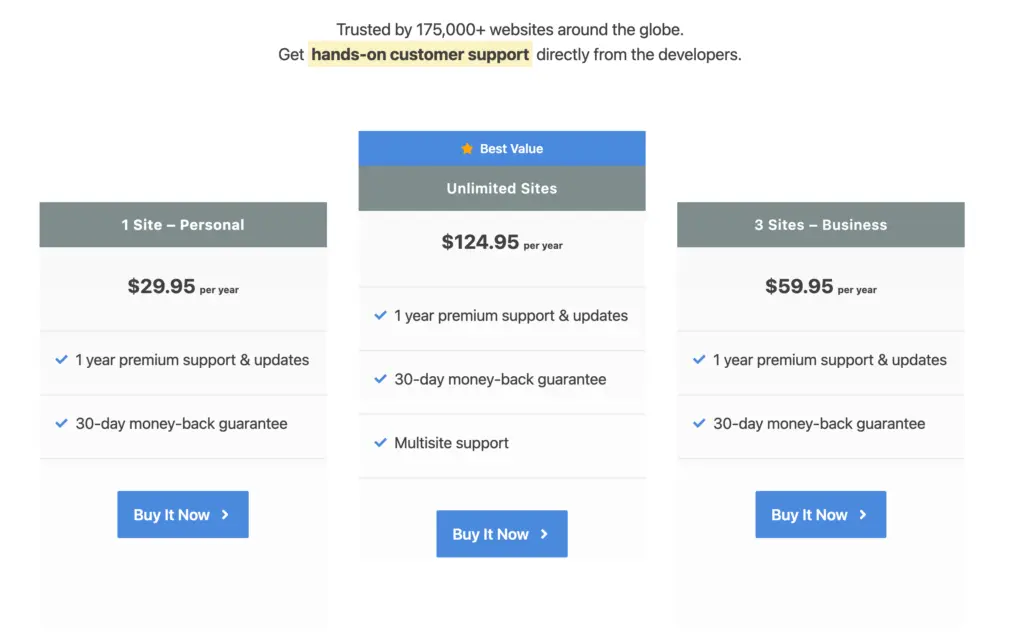 Perfmatters pricing plans: $29.95 for 1 site, $59.95 for 3 sites, $124.95 for unlimited sites per year