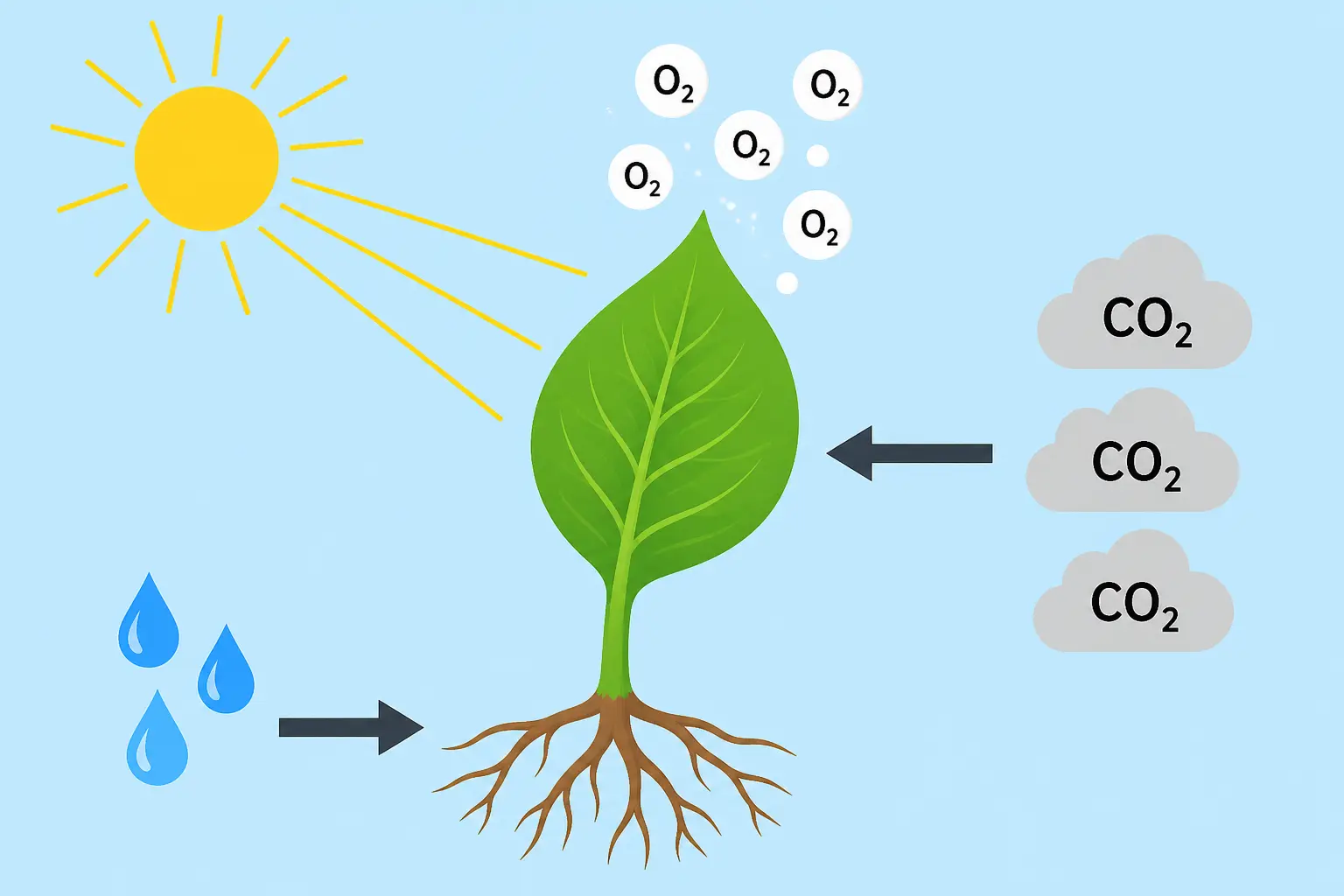Sunlight and water entering a leaf, carbon dioxide drawn in from the air, and oxygen bubbling away