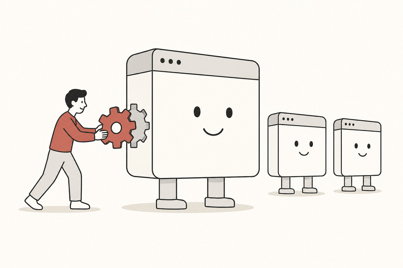 A figure fits a gear-shaped piece into a browser-window machine while identical machines wait behind it
