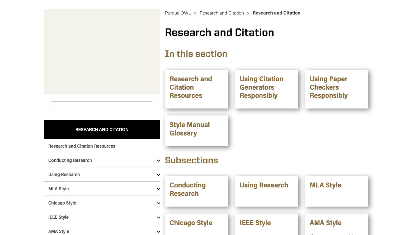 Purdue OWL research and citation page for free college writing guidance