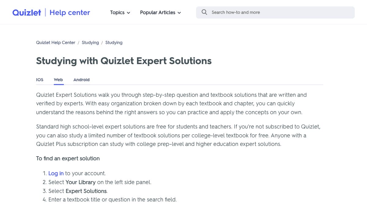 Quizlet Expert Solutions help page explaining step-by-step textbook solutions